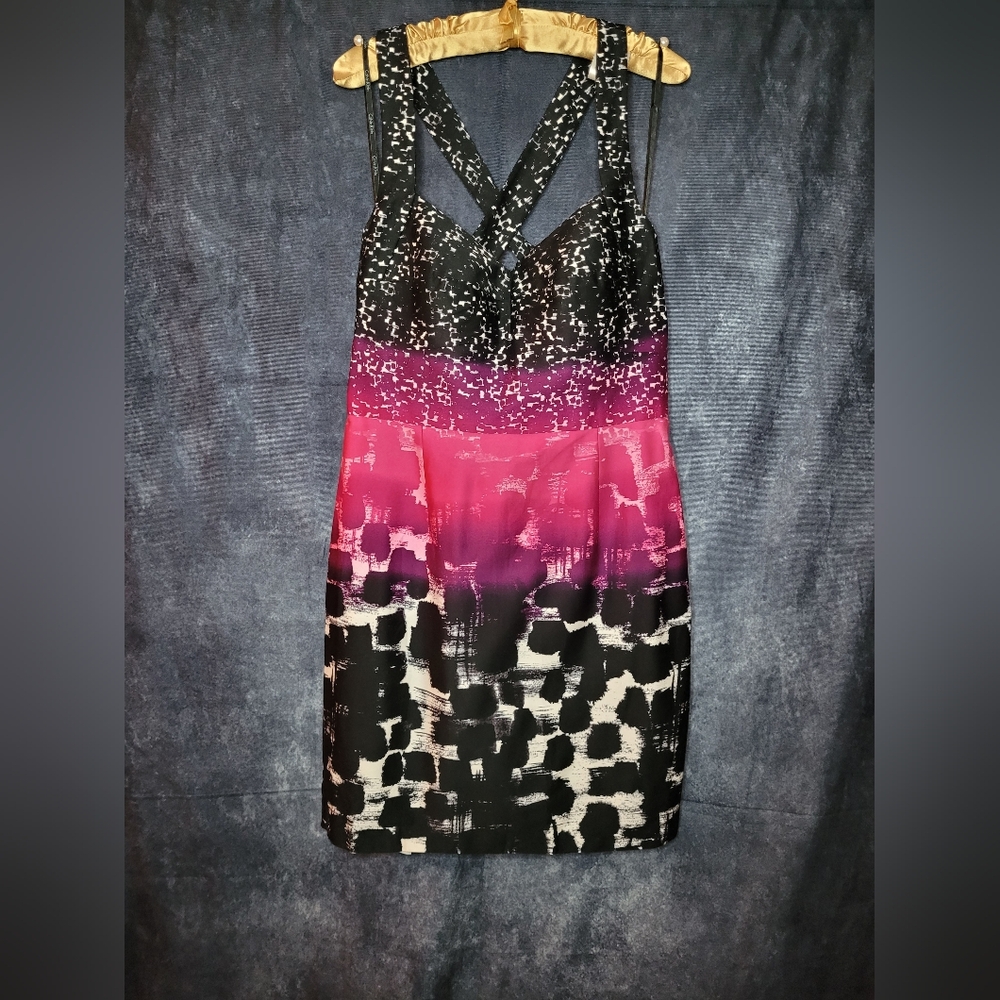 Calvin Klein cross strap women's dress in black, pink, and white abstract NWOT